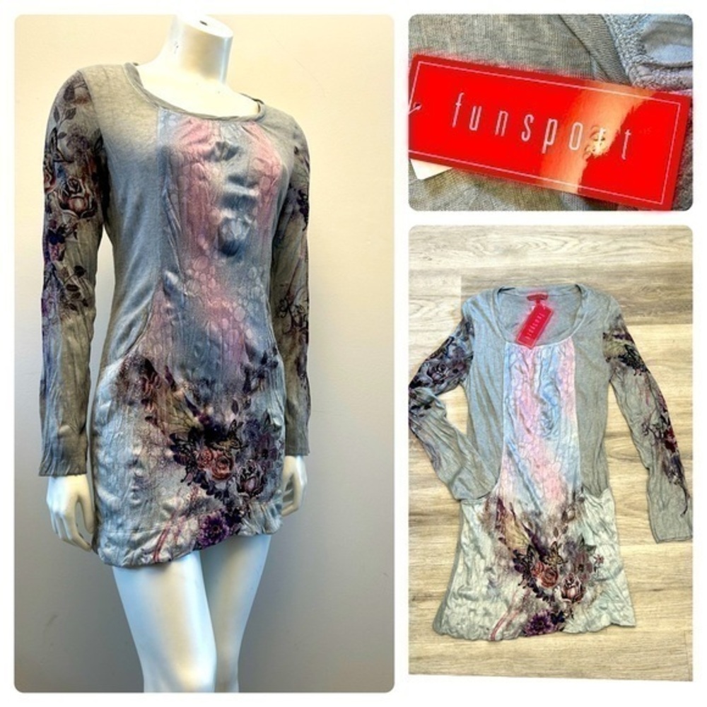 NWT boutique brand FUNSPORT multi colour boho long sleeve tunic dress. Pockets
